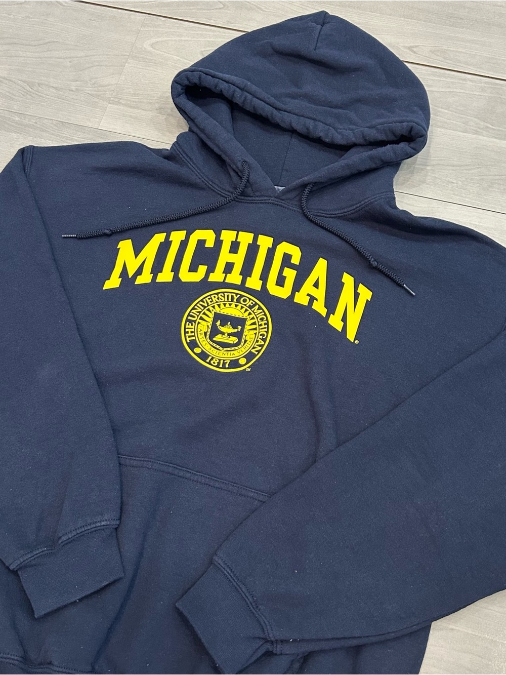 Y2K Vtg Michigan Wolverines M Den Hoodie Mens L Navy University Seal Pullover